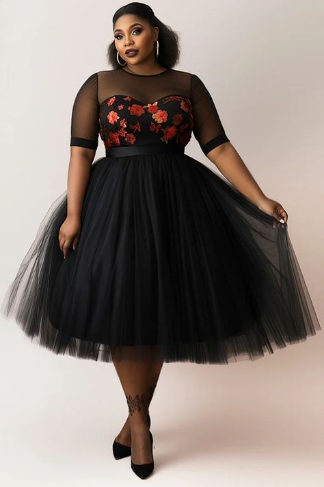 Xpluswear Design Plus Size Semi Formal Elegant Black Floral Round Neck Short Sleeve See Through Mesh Midi Dresses Black Stretch Dress, Dress For Chubby Ladies Formal, Fall Style Plus Size, Plus Size Outfits Party, Short Plus Size Outfits, Evening Cocktail Attire For Women, Tea Party Outfits For Black Women, Short Plus Size Dresses, Plus Size Couture