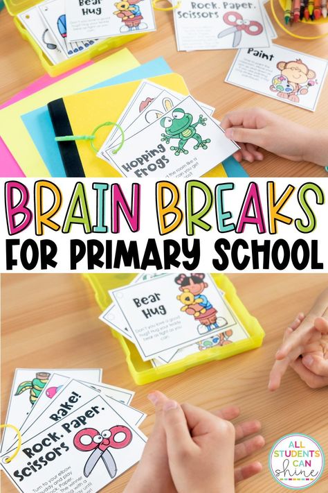 These brain breaks for primary school are perfect for those times in your classroom when your students need to get their wiggles out or give their brains a rest! With these brain break ideas, you can even provide some student choice for different fun brain break activities. Brain Break Activities Elementary, Classroom Brain Breaks Elementary, Brain Breaks For Elementary Students, Whole Brain Teaching First Grade, Brain Breaks For First Grade, Classroom Ideas Primary School, Primary School Learning Activities, Primary 3 Classroom, Brain Breaks Preschool