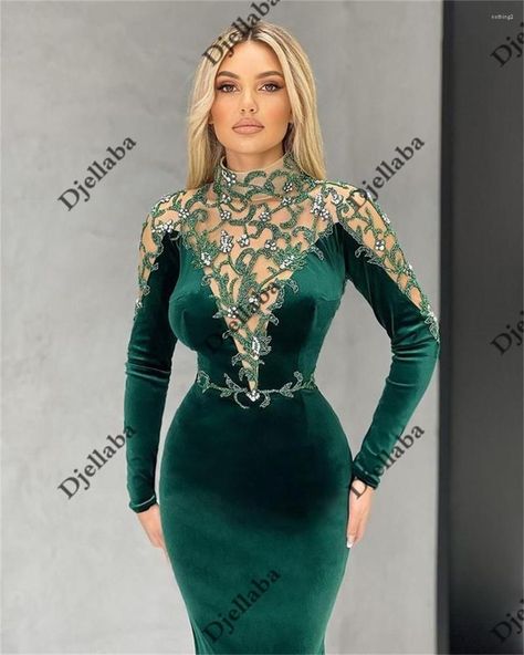 Couture, Green Dress With Sleeves, Velvet Dress Green, Green Mermaid Prom Dress, Emerald Green Velvet Dress, Green Velvet Dress, Prom Ball Gown, Formal Evening Dress, Evening Dress Fashion