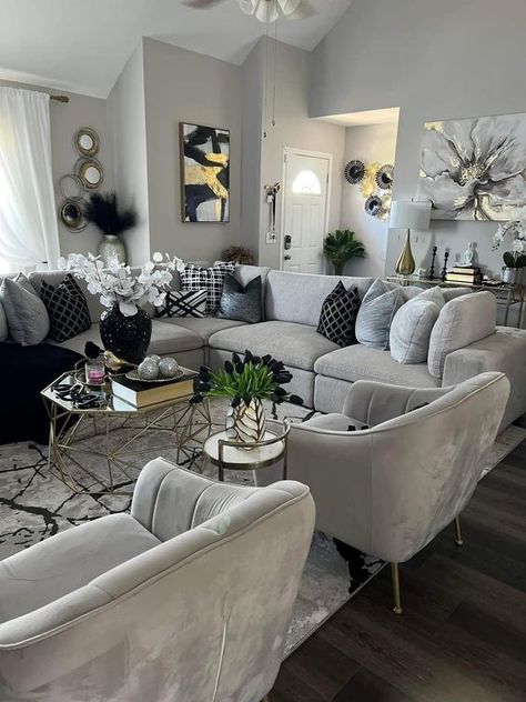 Emslifeandloves - 😍😍😍 | Facebook Modern Living Room Ideas Luxury Grey, How To Fill Living Room Space, Cute Modern Apartment Ideas, Gray Gold And Black Living Room Ideas, Black White Gold Gray Living Room, Gray Black Silver Gold Living Room, Grey Elegant Living Room, Grey And Bronze Living Room, Black Cream And Silver Living Room