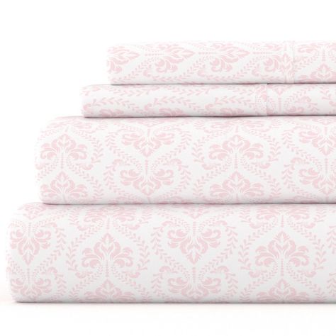 Give your room a refreshing new look and feel with this patterned 4 piece sheet set. Featuring an elegant design of lightly outlined flowers and vines, each piece is double brushed to give the set an ultra soft and cozy texture. Our premium yarns are twice as durable as cotton, wrinkle resistant and ideal for sensitive skin and those with allergies. Twin size comes as a 3 piece set with one pillowcase. Pink Bed Sheets, Pillow Case Mattress, Pattern Sheet, Pink Room Decor, Pink Sheets, White Sheets, Percale Sheets, Pink Pattern, Pink Bedding