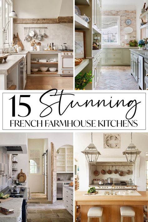 Country French Farmhouse Kitchen, French Rustic Farmhouse, European Kitchen Inspiration, Farmhouse French Country Kitchen, French Kitchen Ideas Farmhouse Style, Country French Cottage Decor, Cottage Farmhouse Kitchen Ideas, French Country Kitchen Island Ideas, French Cottage Kitchen Cabinets