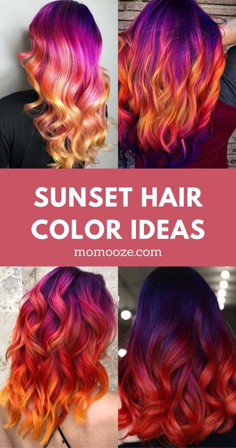 sunset hair color ideas Hair Color Ideas Summer, Pink And Red Hair, Hair Color Bright, Bright Hair Color, Sunset Hair Color, Blue Purple Hair, Blue And Pink Hair, Phoenix Hair, Inspired Hairstyles