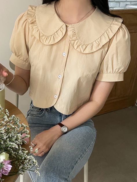 Khaki Cute  Short Sleeve Cotton Plain Shirt Embellished Non-Stretch Spring/Summer Women Tops, Blouses & Tee How To Style Blouse, Formal Tops For Women, Cotton Short Tops, Pan Collar Blouse, Moda Do Momento, Top With Ruffles, Blouse Casual Fashion, Cotton Shirts Women, Peter Pan Collar Blouse