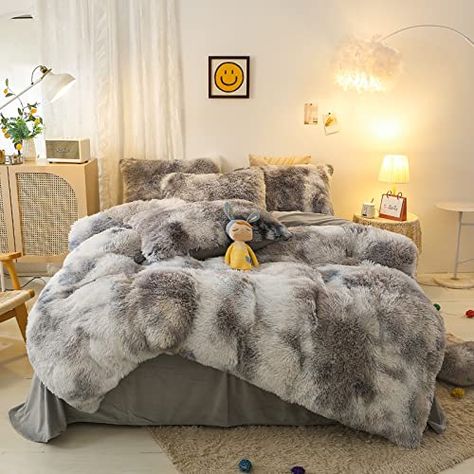 Fur Comforter, Cozy Bedding Sets, Room Decor Dark, Faux Fur Bedding, Fluffy Duvet, Fur Bedding, Colorful Comforter, Vintage Room Decor, Full Bedding Sets