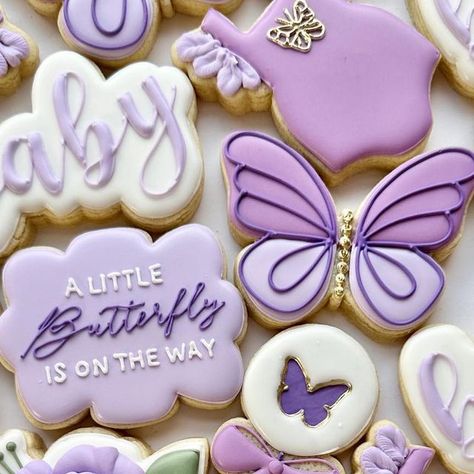 Danielle’s Delectables on Instagram: "A little butterfly is on the way!🦋💜 . . . #butterflybabyshowercookies #butterflybabyshower #butterflycookies #cookiedecorating #njbaker #njcookies" Little Butterfly Baby Shower Theme, Butterfly Gender Reveal Ideas, Purple Butterfly Baby Shower Cake, Violet Baby Shower Ideas, Butterfly Baby Shower Treats, A Little Butterfly Is On Her Way Theme, A Little Butterfly Is On Her Way, Purple Butterfly Baby Shower Theme, Butterfly Themed Baby Shower Ideas