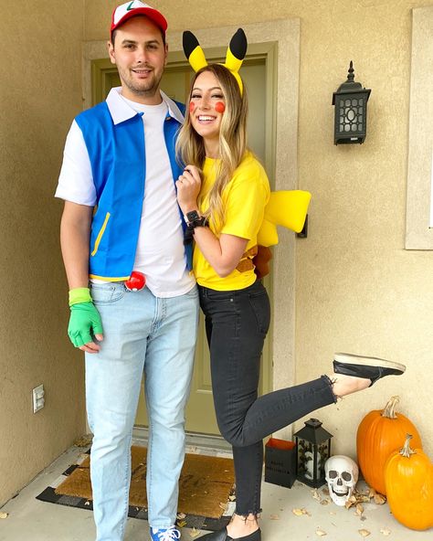 Woman Pokemon Costume, Ash Ketchum And Pikachu Costume, Couple Pokemon Costumes, Pikachu Womens Costume, Womens Pikachu Costume, Pokemon Halloween Costume Diy, Pikachu Dress Up, Pikachu And Ash Costume Couple, Ash Pikachu Costume