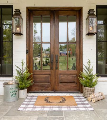 Torrance Rug curated on LTK Farmhouse Exterior Doors Patio, French Country Entry Doors, Front Doors Ranch Style House, Barn Wood Front Door, Modern Farmhouse Double Front Doors, French Door Front Porch, French Cottage Front Door, Exterior Farmhouse Doors, Antique French Doors Exterior