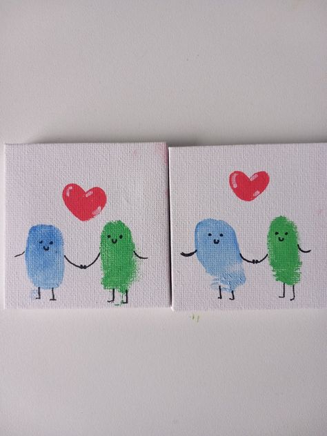 Friendship Thumb Print, Small Canvas Paintings Matching, Thumb Print Painting Ideas, Thumb Print Art For Friends, Finger Painting Ideas For Couples, Bsf Hand Print Painting, Thumb Couple Painting, Best Friend Thumb Painting, Friends Canvas Ideas