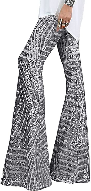 BLENCOT Womens Glitter Sequin Wide Leg Palazzo Pants High Waist Bell Bottoms Night Club Sparkle Flared Trousers Blue L at Amazon Women’s Clothing store Sequin Bell Bottoms, Night Out Clubwear, Sequin Flare Pants, Gold Pants, Knit Shirt Dress, Sequin Pants, Bodysuit Blouse, Wide Leg Palazzo Pants, Cute Pants