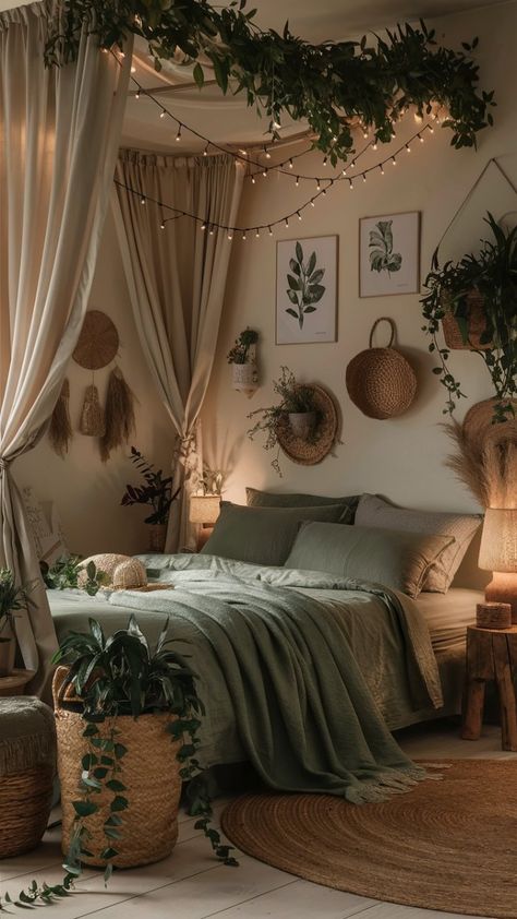 Discover the serenity of a Boho bedroom featuring a canopy bed with flowing beige curtains and sage green bedding. String lights and foliage draped overhead create a dreamy atmosphere, while botanical prints in simple frames add a natural touch. Woven basket planters with trailing plants, rattan wall decor, and a wooden bedside table with a warm lamp enhance the cozy vibe.  #BohoBedroom #CanopyBed #SageGreen #NaturalTextures #InteriorDesign Boho Room Sage Green, Light Wooden Bedside Table, Bohemian Bedroom Decor Green, Sage Green And Burnt Orange Boho Bedroom, Green Brown And Pink Bedroom, Boho Corner Bed, Room Inspo Boho Cozy Bedroom, Green And Brown Bedroom Ideas Aesthetic, Boho Bedroom String Lights