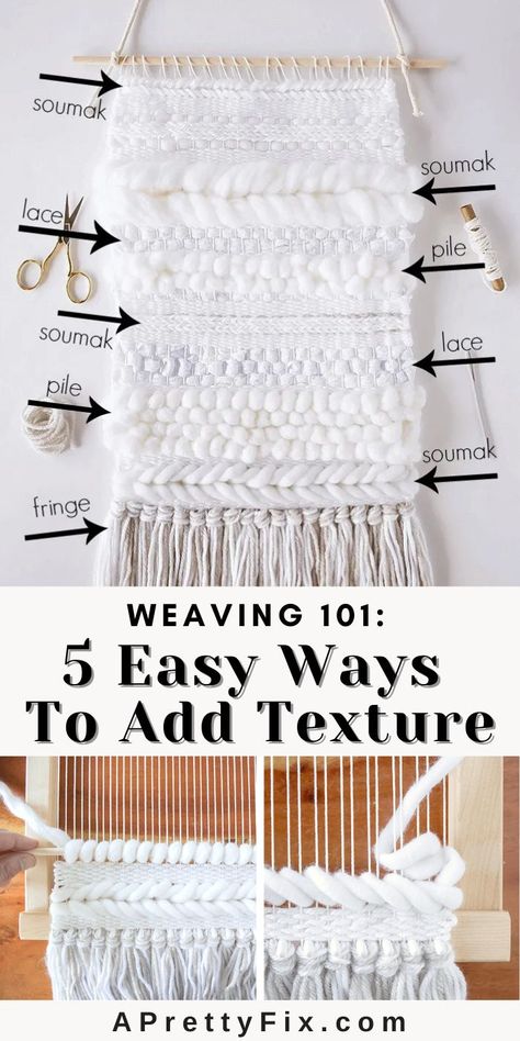 Learn to create beautiful texture to your weaving by following this step-by-step tutorial that utilizes 5 easy techniques. So simple and pretty! #diyweaving #woven #texture #beginnerweaving Couture, Diy Weaving Wall Hanging, Weaving Wall Decor, Tapestry Loom Weaving, Weaving Patterns Design, Art Yarn Weaving, Wall Weaving, Diy Tapestry, Tapestry Loom