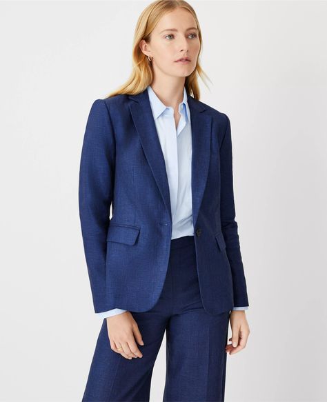 The One Button Notched Blazer in Linen Cotton Navy Suit Women, Navy Linen Blazer, Fresh Linen, Open Sleeve, Navy Suit, Navy Linen, Linen Blazer, Linen Women, Suits For Women