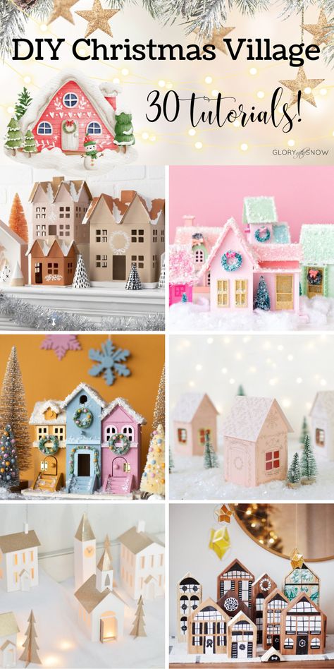 Natal, Christmas Village Diy Display, Diy Wood Christmas Village Houses, Cricut Christmas Village Projects, Diy Miniature Christmas House, Xmas Houses Christmas Villages, Cardboard Christmas Village Diy, Making Miniature Houses, Diy Putz House Templates