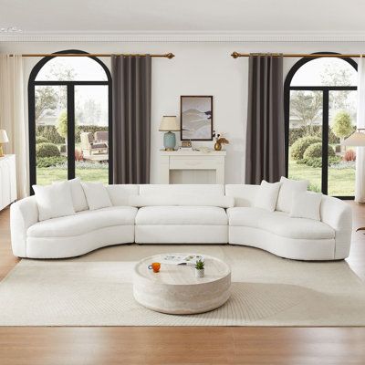 Our oversized sofa set features elegant curves and clean lines that brings modern style to a living space. It makes you comfortable to sit, soothing to touch and pleasing to look at! The curved design makes it the most dazzling presence wherever it is placed! There's nothing like cuddle time with your family and loved ones from the comfort of our oversized large couches! | Brown / White Sectional - Ivy Bronx Labriola 3 - Piece Upholstered Sectional Boucle | 34.25 H x 168.5 W x 63.77 D in | Wayfa Curved Sofa Living Room, Curved Couch, White Sectional, Modern Couch, Living Room Bookcase, Sectional Sofa Couch, Brown Sofa, Curved Sofa, Boucle Fabric