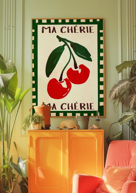 Cherry Poster, Retro Poster, Psychedelic Art, Kitchen Wall Decor, 70s Wall Art, Aesthetic Print, Eclectic Art, Vintage Decor, Maximalist Art