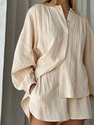 Vacation Fits, Two Piece Shorts, Chique Outfit, Two Piece Shorts Set, Lantern Sleeve Top, 여름 스타일, Cotton Texture, Linen Set, Suit Style