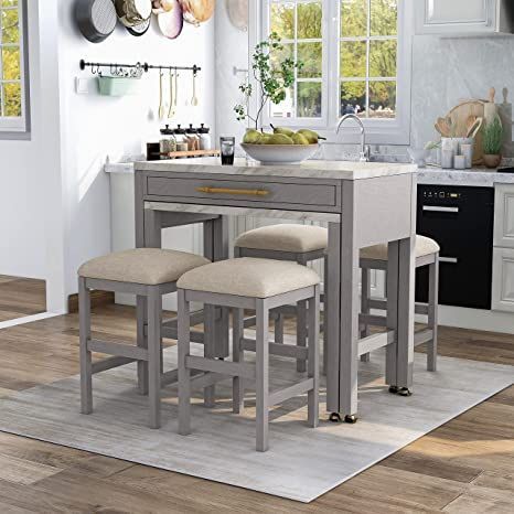 Grey 5-Piece Counter Height Table Set Off/White White Glam Transitional Rectangular Fabric Wood Finish Solid Storage Counter Height Dining Table Set, Counter Height Table Sets, Counter Height Dining Table, Counter Height Table, Functional Space, Wood Counter, Counter Height Dining Sets, Dining Table Set, Counter Height Stools