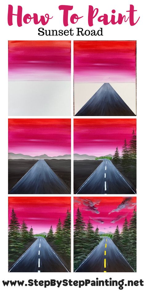 Sunset Road Painting How To Paint Sunset, Paint Sunset, Road Painting, Sunset Road, Seni Pastel, Easy Canvas Art, Simple Canvas Paintings, Canvas Painting Tutorials, Cute Canvas Paintings