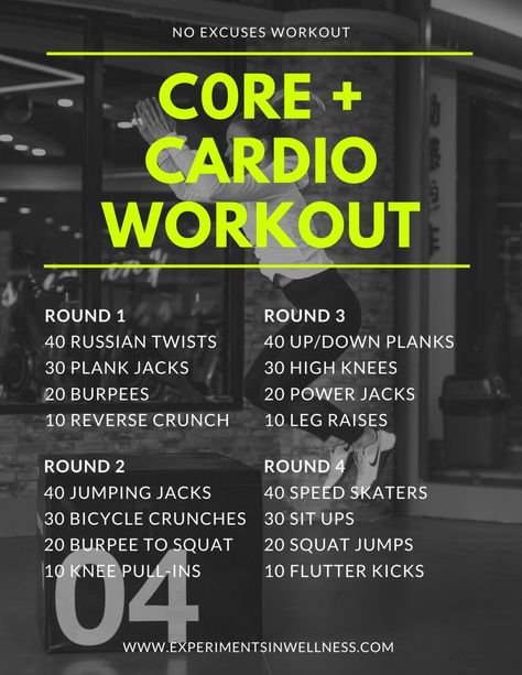 Core + Cardio Workout - Experiments In Wellness Full Core Workout Gym, Core Hit Workouts, Abb And Cardio Workout, Abs Emom Workout, Amrap Core Workout, Mixed Cardio Workout At Home, Cardio Workout At Home For Men, Cardio Workout At Home List, Hiit Core Workout At Home