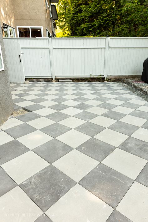 Checkerboard Concrete Pavers and a Yard Update - So Much Better With Age Checkered Floor, Outdoor Pavers, Outdoor Renovation, Checkered Floors, Backyard Renovations, Patio Tiles, Concrete Pavers, Backyard Inspiration, Backyard Inspo