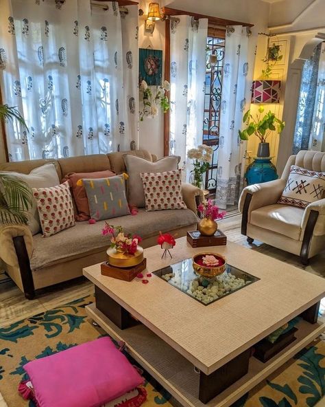 Living room decor ideas Indian Living Room Decor, Sofa Arrangement, Colorful Room Decor, Indian Living Room, Beautiful Sofa, Indian Room Decor, Indian Bedroom Decor, Simple Living Room Decor, Colourful Living Room Decor