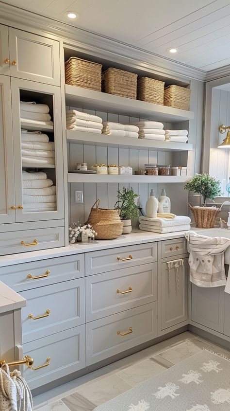 Transform your laundry space with these 44 stunning laundry room ideas to inspire you! From clever storage solutions to stylish design tips, discover how to make your laundry room both functional and beautiful. 🧺✨ #LaundryRoom #HomeInspiration #InteriorDesign Storage Rooms In House, Crown Molding In Laundry Room, Laundry Room No Sink, Clever Home Storage Ideas, Laundry Room Storage Idea, Light Wood Cabinets Laundry Room, Dual Purpose Laundry Room, Laundry Pull Out Ironing Board, Architectural Digest Laundry Room