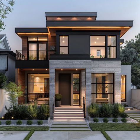 Modern House Reference, Semi Modern House, Modern 2 Story House Exterior, Cute Modern Houses, Modern Two Story Homes, Modern Houses Exteriors, Modern Faced Building, Mention House, Modern 3 Story House