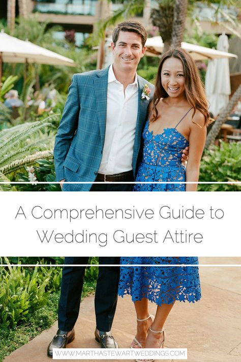 A Comprehensive Guide to Wedding Guest Attire | Martha Stewart Weddings - With the help of two experts, we decode common wedding dress codes, and provide outfit ideas for any event. #weddingstyle #weddingfashion #blacktie #cocktailattire Spring Guest Wedding Outfits, Formal Wedding Dresses For Guest Fall, Business Casual Wedding Guest Dresses, Fall Wedding Attire For Men Guest, Spring Wedding Couple Outfits, Casual Outdoor Wedding Guest Outfit Men, September Guest Wedding Dress, Wedding Guest Attire Guide Dress Codes, Suit And Tie Wedding Guest