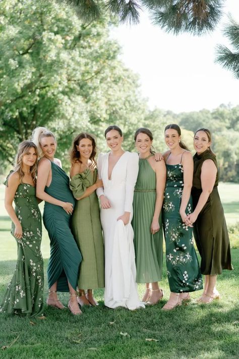 Mixed Emerald Bridesmaid Dresses, Wedding With Green Bridesmaid Dresses, Green Bridesmaid Color Palette, Natural Green Bridesmaid Dresses, Different Shades Of Green Wedding Party, Pink Orange Green Bridesmaid Dresses, Different Bridesmaid Dresses Green, 6 Bridesmaids Different Dresses, Bridesmaid Mixed Dresses