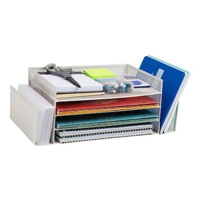 Organization Made Beautifully SimpleThis desktop organizer has six separate compartments to hold a variety of items. There are four tiers of deep shelves for documents, files, and other large items, and two vertical side compartments for items that are best stored upright.Multiple levels of vertical shelves give you the opportunity to divide and conquer cluttered areas with ease. Add to that the open-ended vertical side compartments, and you have a space for organizing papers and files of practi Vertical Shelves, Organizing Papers, Divide And Conquer, Deep Shelves, Desktop Organizer, Document Holder, Metal Mesh