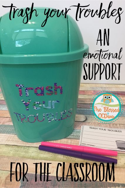 Trash Your Troubles-an emotional support system for the classroom | The Blessed OCDiva #growthmindset #classroommanagement #backtoschool Guidance Classroom Ideas, Social Skills Classroom Set Up, Classroom Reset Area, Calm Down Corner Middle School Classroom, Social Work Classroom Decor, Lunchroom Behavior Incentives, Tiny Counseling Office, Classroom Emotion Check In, Calming Corner High School