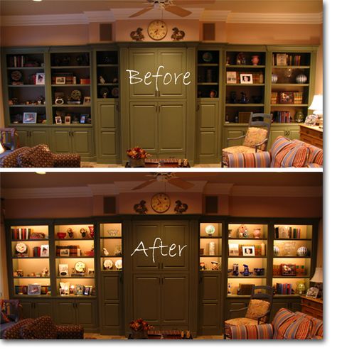 Cabinet Lighting With Custom Light Fixtures & LED Shelf Lights Top Shelf Decorating Ideas, Led Bookshelf Lighting, Office Led Lighting Ideas, Bookcase Lighting Ideas, Bookcase Lighting Ideas Built Ins, Where To Put Led Strip Lights, Shelf Lighting Ideas, Bookshelf Lighting Ideas, Lighting Shelf