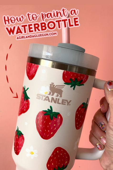 Don’t be stuck with plain Tumblers! Learn how to create hand-painted water bottles to put your own creative spin on your cups! Decorated Stanley Cup, Stanley Cup Decorations, Water Bottle Art, Customised Water Bottles, Diy Water Bottle, Hand Painted Mugs, Painted Cups, Diy Water, Custom Tumbler Cups