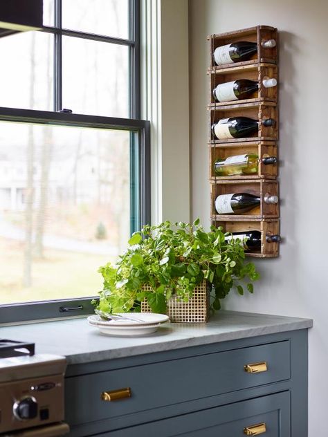 Slate Floor Kitchen, Taupe Kitchen Cabinets, Brass Cup Pulls, Reclaimed Wood Wine Rack, Light Grey Kitchen Cabinets, Inviting Kitchen, Brass Cup, Galley Style Kitchen, White Subway Tile Backsplash