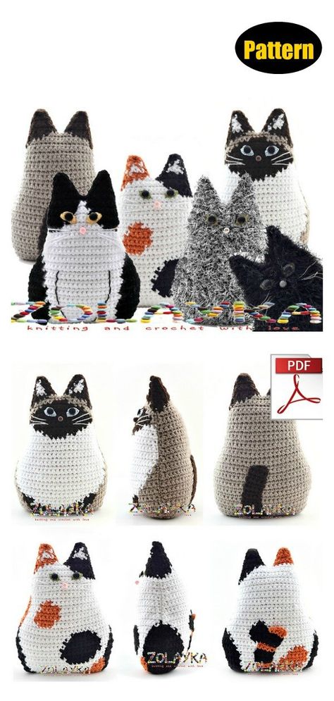 10 Fun Animal Cat Pillow Free Crochet Pattern and Paid - Page 3 of 3 Calico Cat Crochet, Free Cat Crochet Patterns, Cat Pillow Crochet, Cat Crochet Pattern Free, Cat Pillow Pattern, Cat Pillows, Kat Haken, Chat Crochet, Amigurumi Cat