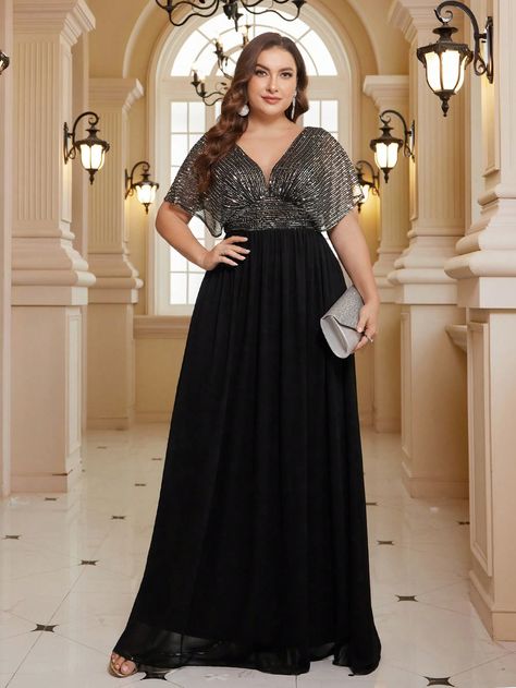 Black  Collar Short Sleeve Sequins Colorblock A Line Embellished Slight Stretch  Weddings & Events Plus Size Dresses To Wear To A Wedding As A Guest, Plus Size Black Tie Event Dresses, Plus Size Gala Dress, Plus Prom Dresses, Goddess Wedding, Black Tie Event Dresses, Black Tie Event, Gala Dresses, Dresses To Wear To A Wedding