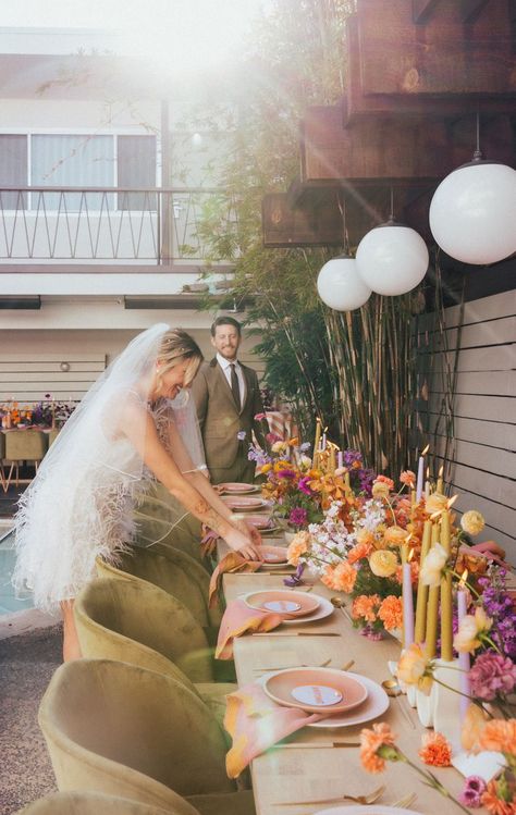 An Unconventional and Retro Wedding Full of Color in San Diego Funky Wedding, Eclectic Wedding, Unconventional Wedding, Garden Party Wedding, Retro Wedding, Wildflower Wedding, Wedding Mood Board, Marriage Ceremony, Glam Wedding