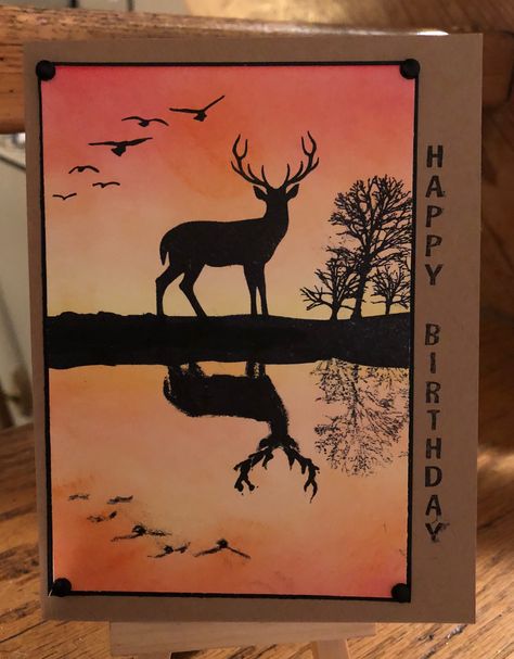 no info Mirror image birthday card Patchwork, Brayer Techniques, Nature Silhouettes, Cards For Men Handmade, Zindorf Cards, Masculine Cards Handmade, Nature Silhouette, Happpy Birthday, Deer Winter