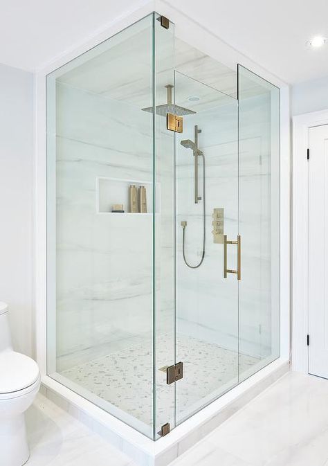 Floor To Ceiling Shower Door, Clad Ceiling, Herringbone Shower Floor, Herringbone Shower, Bathtub Shower Remodel, Marble Walls, Glass Shower Wall, Ceiling Shower Head, Tub To Shower Remodel