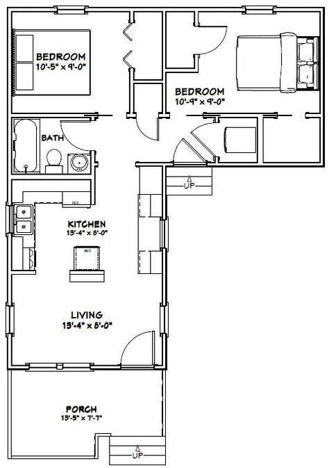 14x32 Tiny House -- #14X32H1L -- 643 sq ft - Excellent Floor Plans L Shaped Tiny House, Granny Flat Plans, L Shaped House Plans, Plan Chalet, L Shaped House, Pelan Rumah, Small Tiny House, Tiny House Floor Plans, Cottage Plan