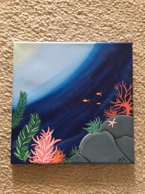 Sea Animals Painting Acrylic, Easy Under Water Painting, Ocean Life Drawings Easy, Painting Ideas Easy Simple Ocean, Under Sea Painting Acrylic, Under The Sea Canvas Painting, Ocean Theme Paintings Canvases, Sea Themed Paintings, Ocean Simple Painting