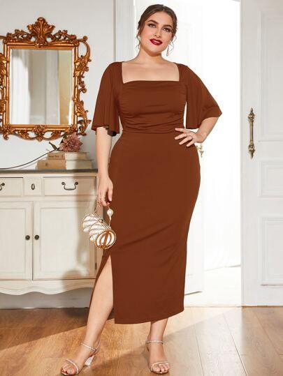 Pleated Shirt Dress, Split Hem Dress, Fall Plus Size, Square Neck Dress, Butterfly Sleeve, Looks Plus Size, Butterfly Sleeves, Brown Dress, Split Hem