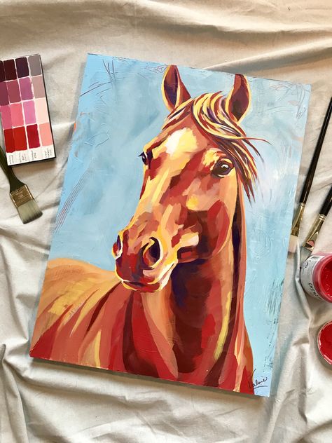Diy Horse Painting On Canvas, Horse Painting Canvas, Horse Painting Colorful, Painting Ideas On Canvas Horse, Art Horses Painting, Red Horse Painting, Horse Painting Ideas On Canvas, Acrylic Horse Painting Easy, Horse Paintings Easy
