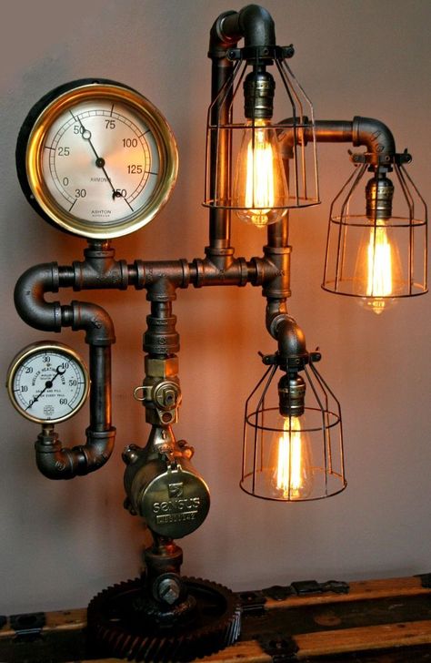 steampunk bedding | Wild steampunk light Lampe Industrial, Décor Steampunk, Steampunk Machine, Steampunk Bedroom, Lampe Steampunk, Steampunk House, Stil Industrial, Steampunk Lighting, Diy Lampe