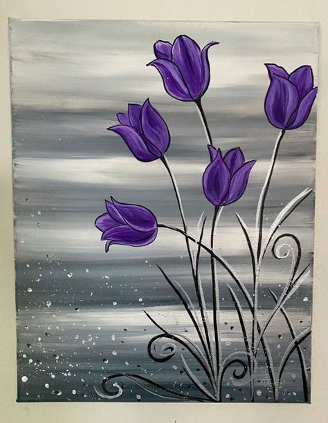Purple Flower Painting Acrylic, Tulip Painting, Flower Painting Canvas, Cat Air, Canvas Painting Designs, Purple Tulips, Spring Painting, Simple Acrylic Paintings, Canvas Painting Diy