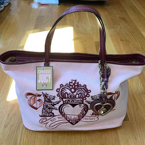 Nwt New With Tags Juicy Couture Light Pink Velvet Velour Shoulder Handbag Tote Purse. Color Is A Light Pink Velvet Belour With Maroon-Ish Color Leather Trim, Shoulder Straps, And Accents. Has Top Hideaway Zipper. Front Says “Her Majesty Juicy Couture”. Back Has “J” In Heart As Shown. Extremely Stunning, Elegant, Classy Bag! Extremely Rare, Collectors Paradise! Measurements Approx Length Of 13.75” On Bottom And 18.5” On Top, 11.5” Tall, And Approx 5.5” Width (But Expands). Rare Juicy Couture Bag, J In Heart, Vintage Juicy Couture Bags, Juicy Couture Purse, Juicy Couture Accessories, Juicy Couture Handbags, Girly Bags, Couture Handbags, Bags Designer Fashion