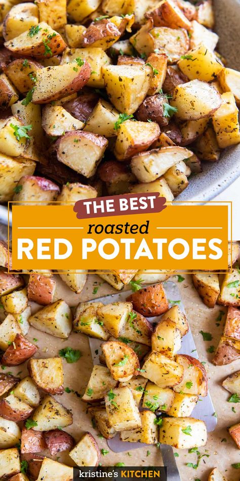 The BEST Oven Roasted Red Potatoes! This easy recipe makes perfect roasted potatoes that are crispy on the outside and soft and fluffy in the middle. A favorite side dish! Red Potatoes Oven, Red Skin Potatoes Recipe, Roasted Red Skin Potatoes, Baked Red Potatoes, Oven Roasted Red Potatoes, Cooking Red Potatoes, Red Potato Recipes, Recipes Sides, Roasted Red Potatoes