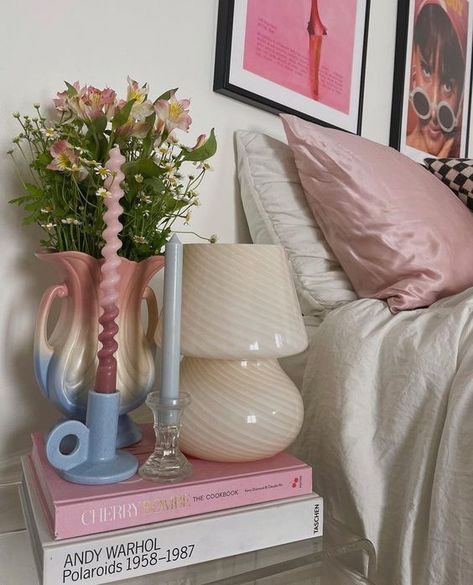 Girl Bedside Table, Bedside Lamps Vintage, Murano Mushroom Lamp, Glass Bedside Lamps, Study Gift, Cute Night Lights, Pastel Home Decor, Colorful Apartment, Mood Lamps