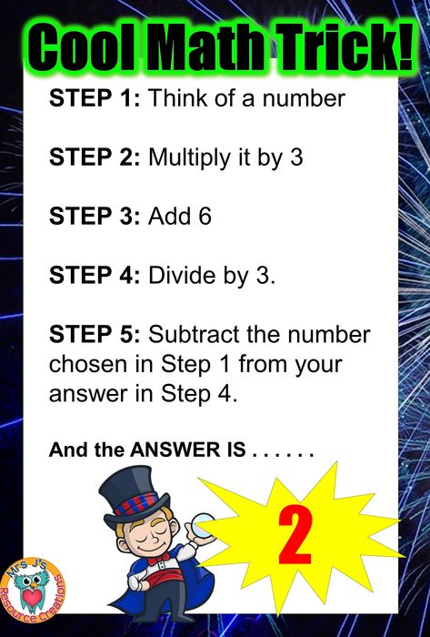 Cool Math Trick where your answer is always 2! For a fun math activity have each student try the trick with ten different numbers to determine if the trick really does work for ALL numbers. #mathtricks Math Terminology, Math Magic Tricks, Mental Math Tricks, Number Tricks, Studie Hacks, Cool Math, Cool Math Tricks, Math Magic, Math Riddles